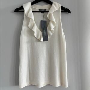 NEW Ann Taylor Cashmere Women's Cream Sweater Sleeveless Ruffled V-Neck Size L